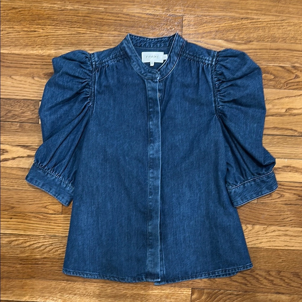 Frame Blue Denim Puff Sleeve Top